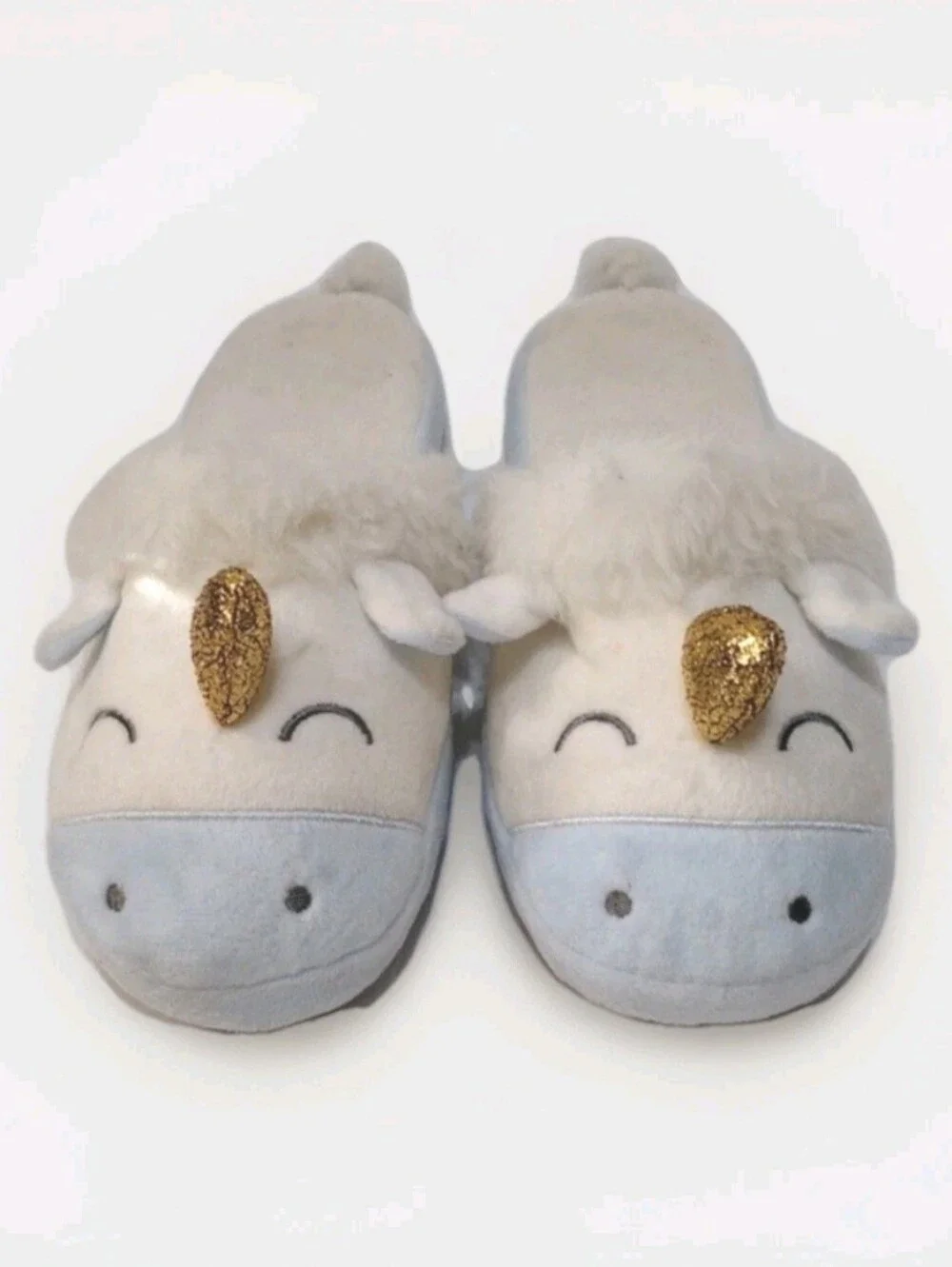 Kids Unicorn Plush House Slippers Faux Fur Gold Horn Cozy Bedroom Shoes Size 6